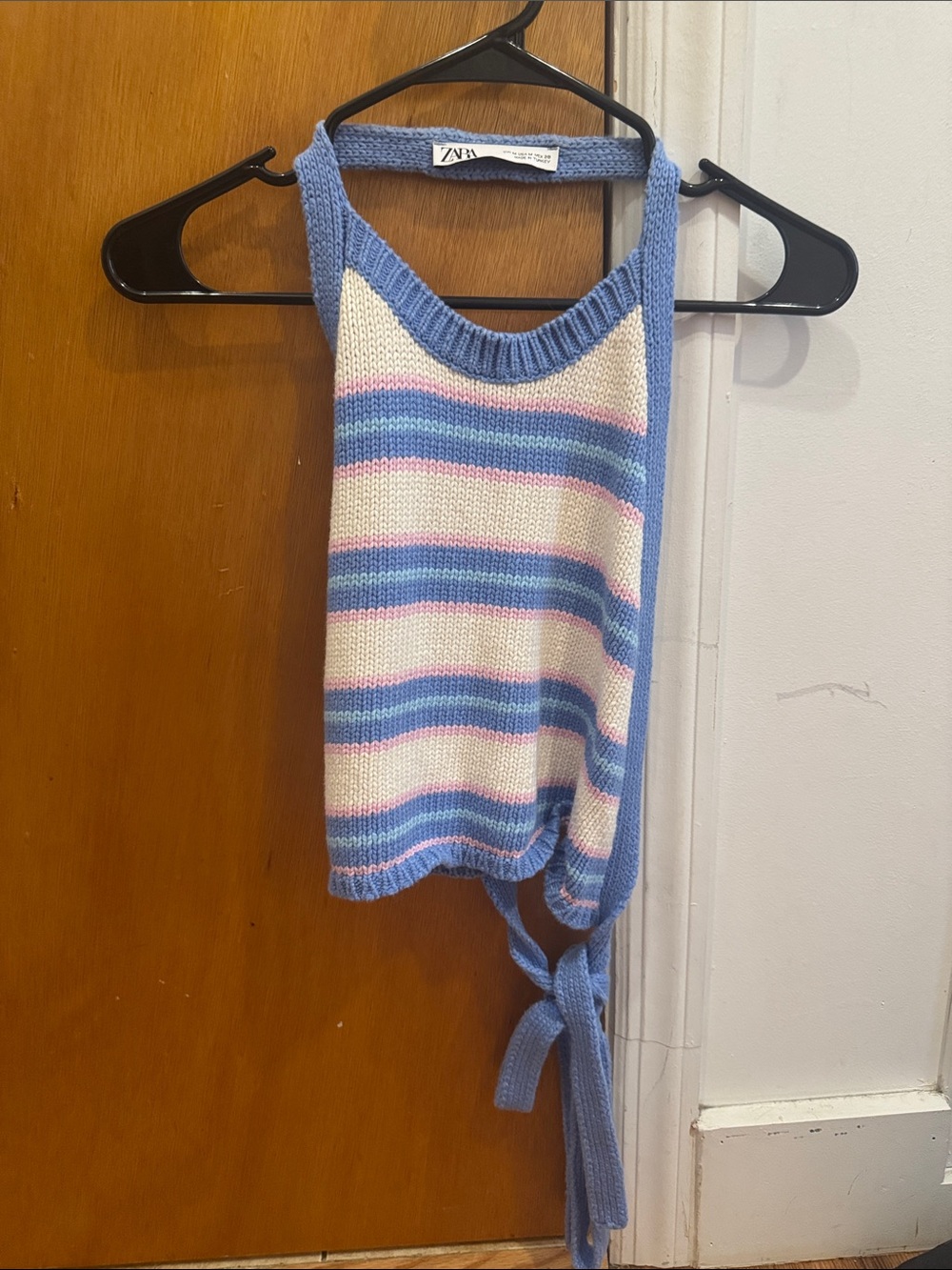 Zara Blue, White & Pink Striped Knit Backless Top